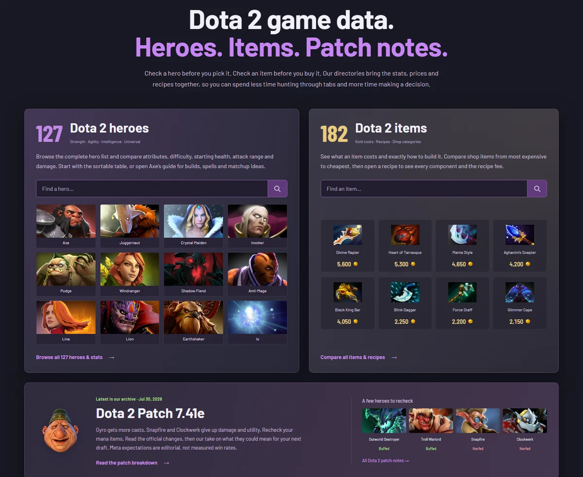 The hero and item directories on Dota2Freaks with the newest patch below