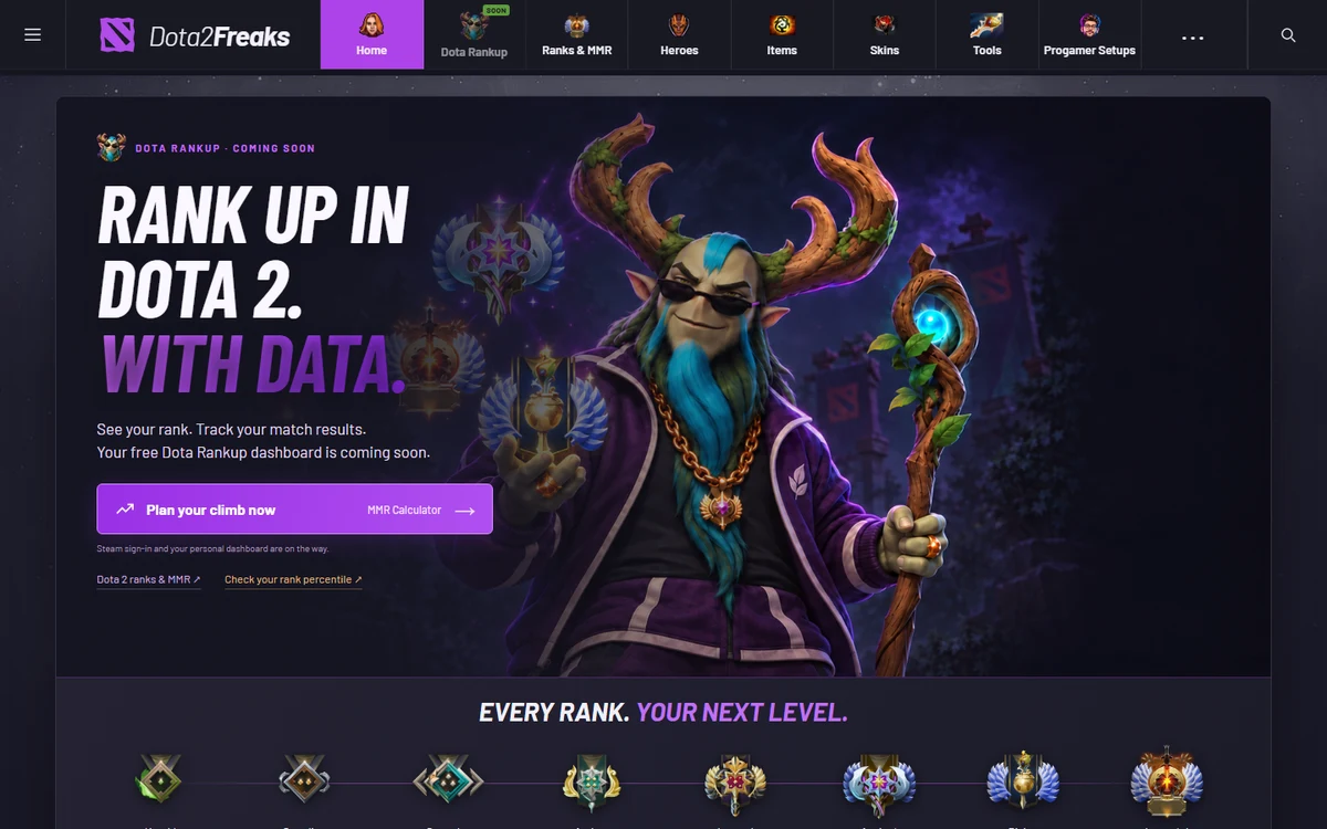 The Dota2Freaks home page with the headline Rank up in Dota 2. With data. and Nature's Prophet