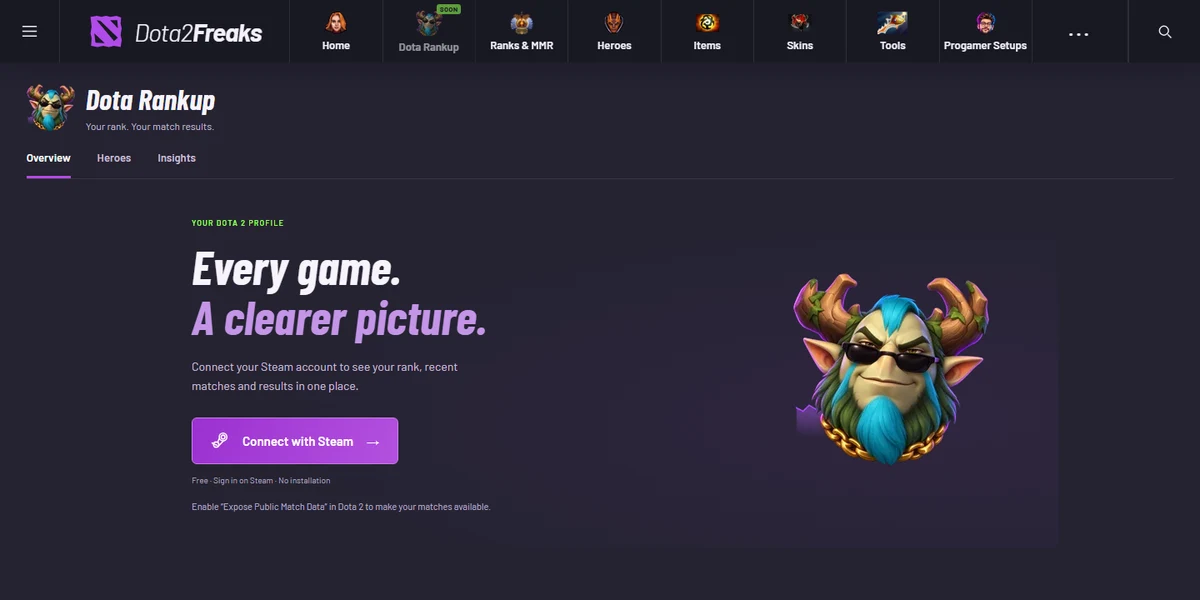 The Dota Rankup page on Dota2Freaks with the Connect with Steam button