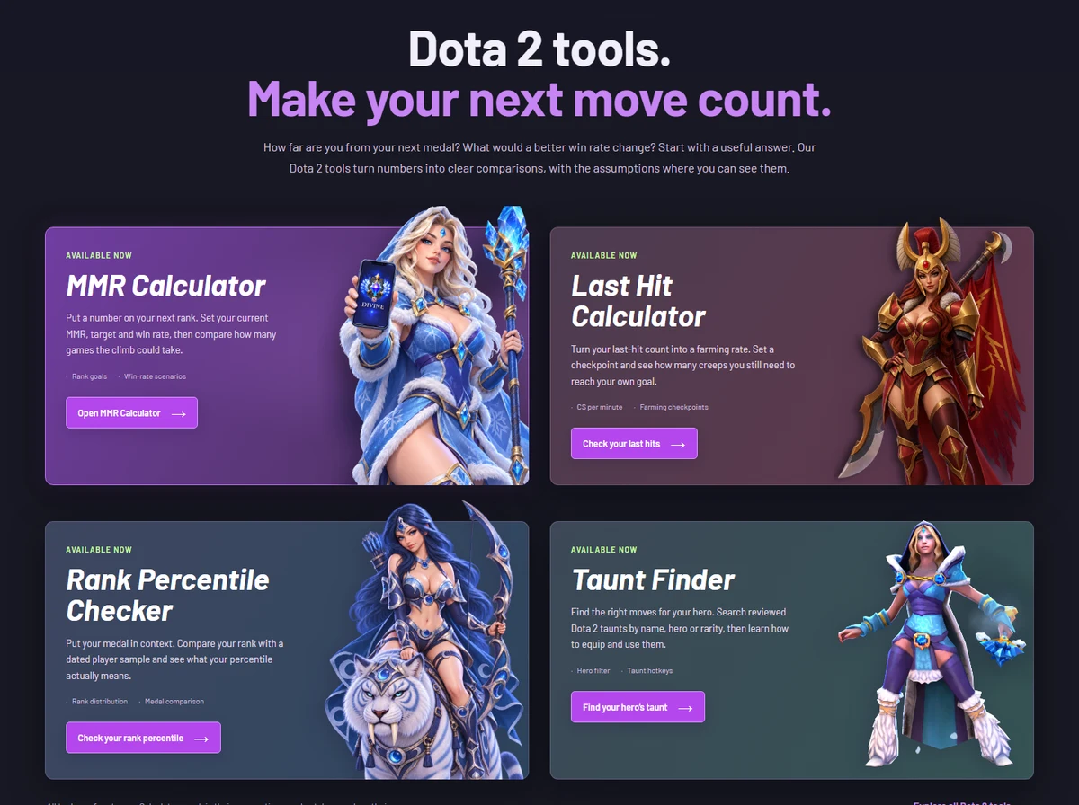 The four Dota2Freaks tools: MMR Calculator, Last Hit Calculator, Rank Percentile Checker and Taunt Finder