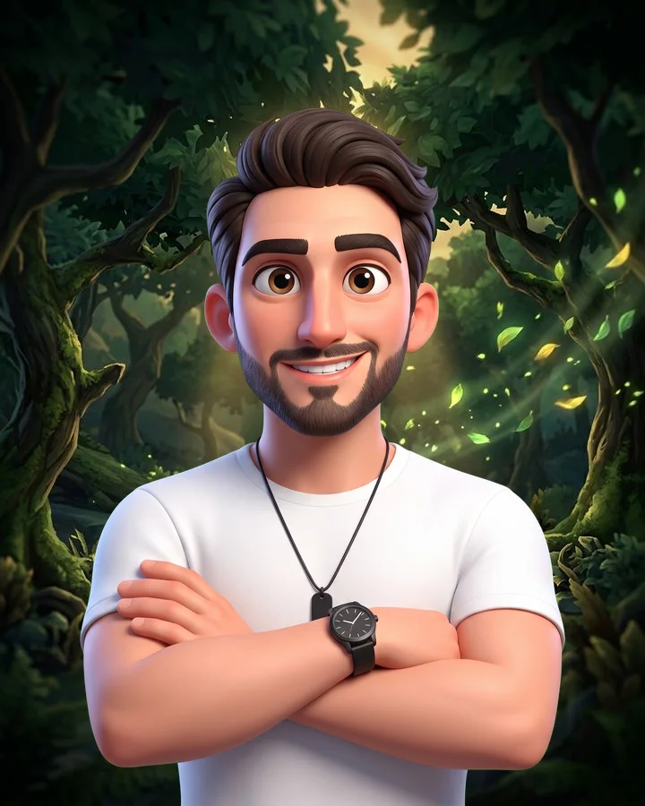 3D caricature of Claudio from the dota2news.com team, arms crossed