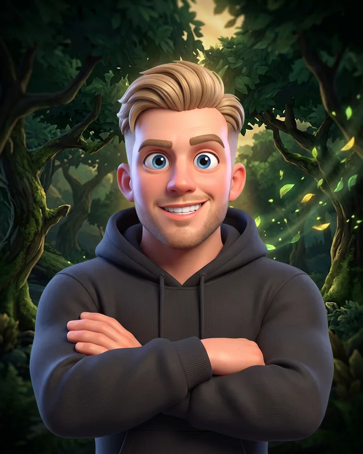 3D caricature of Kevin from the dota2news.com team, arms crossed